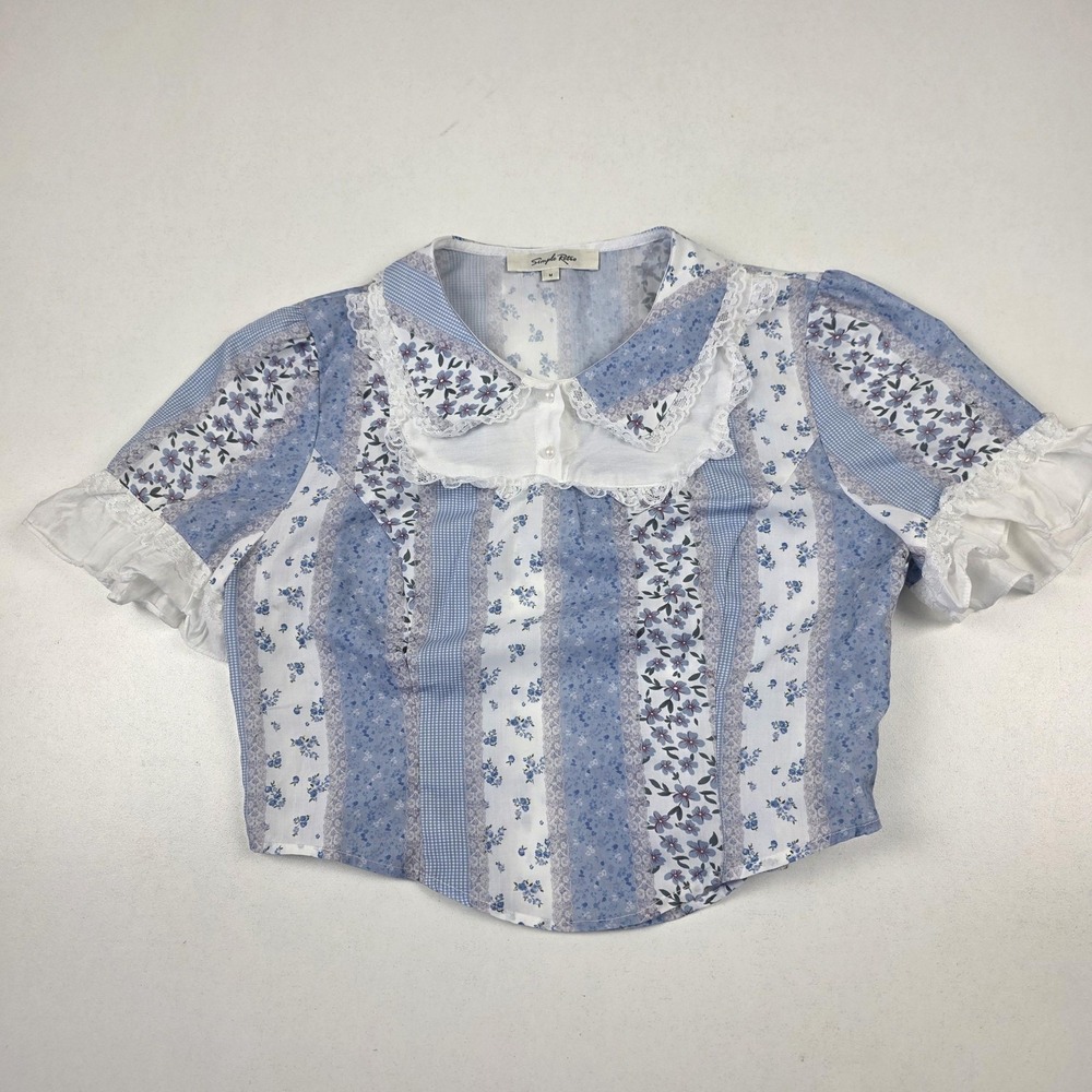 Simple Retro Shirt Womens Medium Blue White Floral Lace Peter Pan Collar Blouse